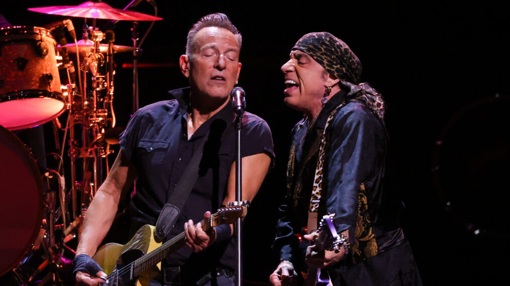 NEW YORK, NEW YORK - APRIL 03: Bruce Springsteen (L) and Steven Van Zandt performs at Barclays Center on April 03, 2023 in New York City.