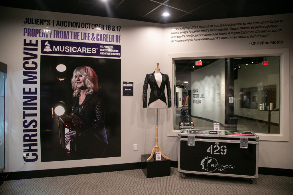 Christine McVie's stage accessories are pictured during the press preview for Julian's Auction of property from the life and career of Christine McVie at Musicians Hall of Fame and Museum on August 29, 2024 in Nashville, Tennessee