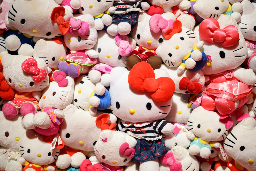 A display of "Hello Kitty" items are seen at a press preview of the "CUTE" exhibition at Somerset House on January 24, 2024 in London, England. Coinciding with Hello Kitty's 50th anniversary, CUTE is the first major exhibition exploring cuteness and its influence on the pop cultural landscape spanning music, fashion, memes, toys, and video games