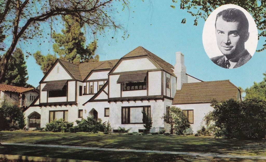 Vintage souvenir postcard published in 1958 from the Movie Star Homes series, depicting mansions and grand estates of Hollywood celebrities in Los Angeles, California, here a view of the grand Beverly Hills estate of Jimmy Stewart paired with a round portrait of the actor