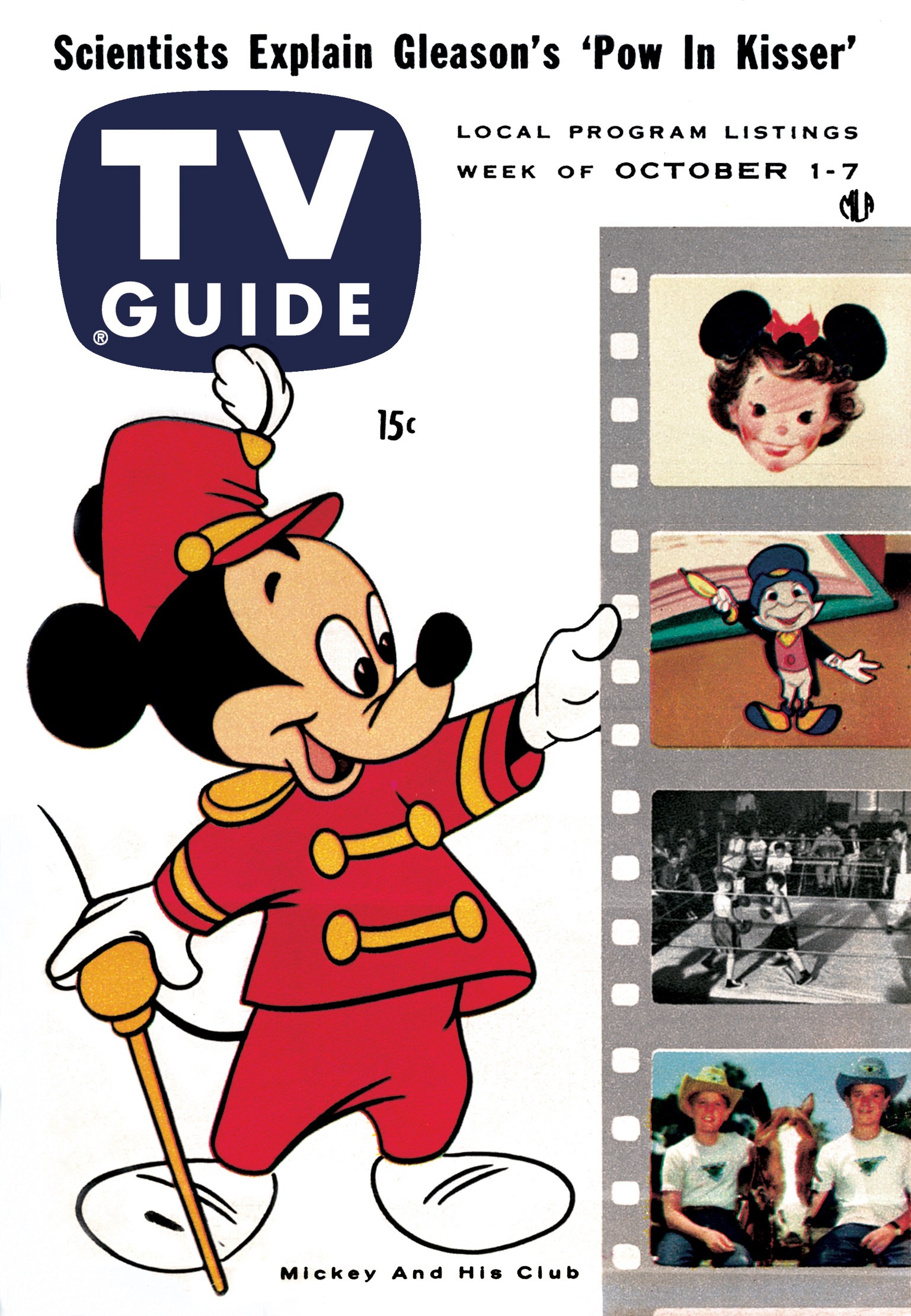 THE MICKEY MOUSE CLUB, Mickey Mouse (left), film strip: Jiminy Cricket (2nd frame), David Stollery, Tim Considine (4th frame), TV GUIDE cover, October 1-7, 1955.
