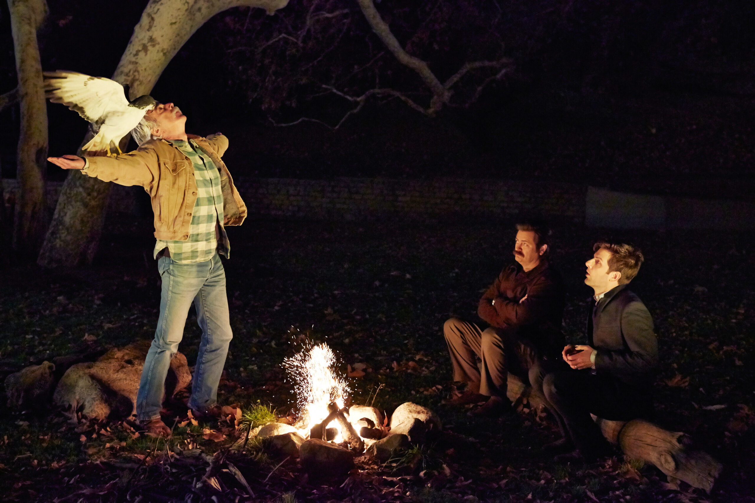 PARKS AND RECREATION, (from left): Sam Elliott, Nick Offerman, Adam Scott, 'Flu Season 2', (Season 6, ep. 619, aired April 10, 2014).