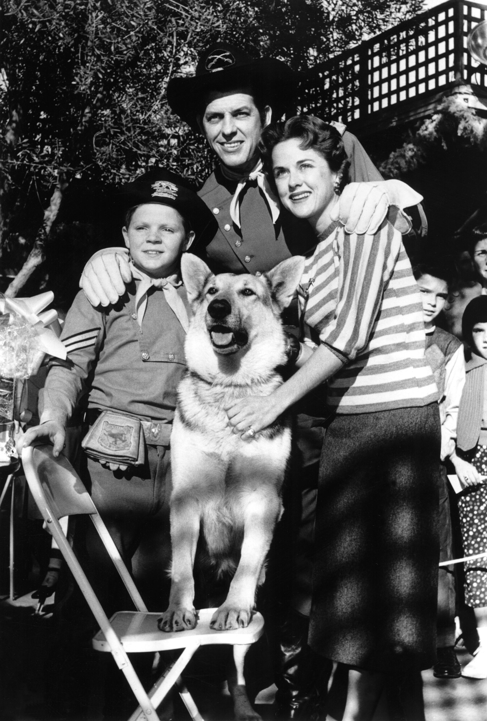 Lee Aaker, Rin Tin Tin, James Brown, (aka James L. Brown), of ADVENTURES OF RIN TIN TIN, 1954-1959, join Barbara Whiting at a Hollywood children's benefit show, 1958