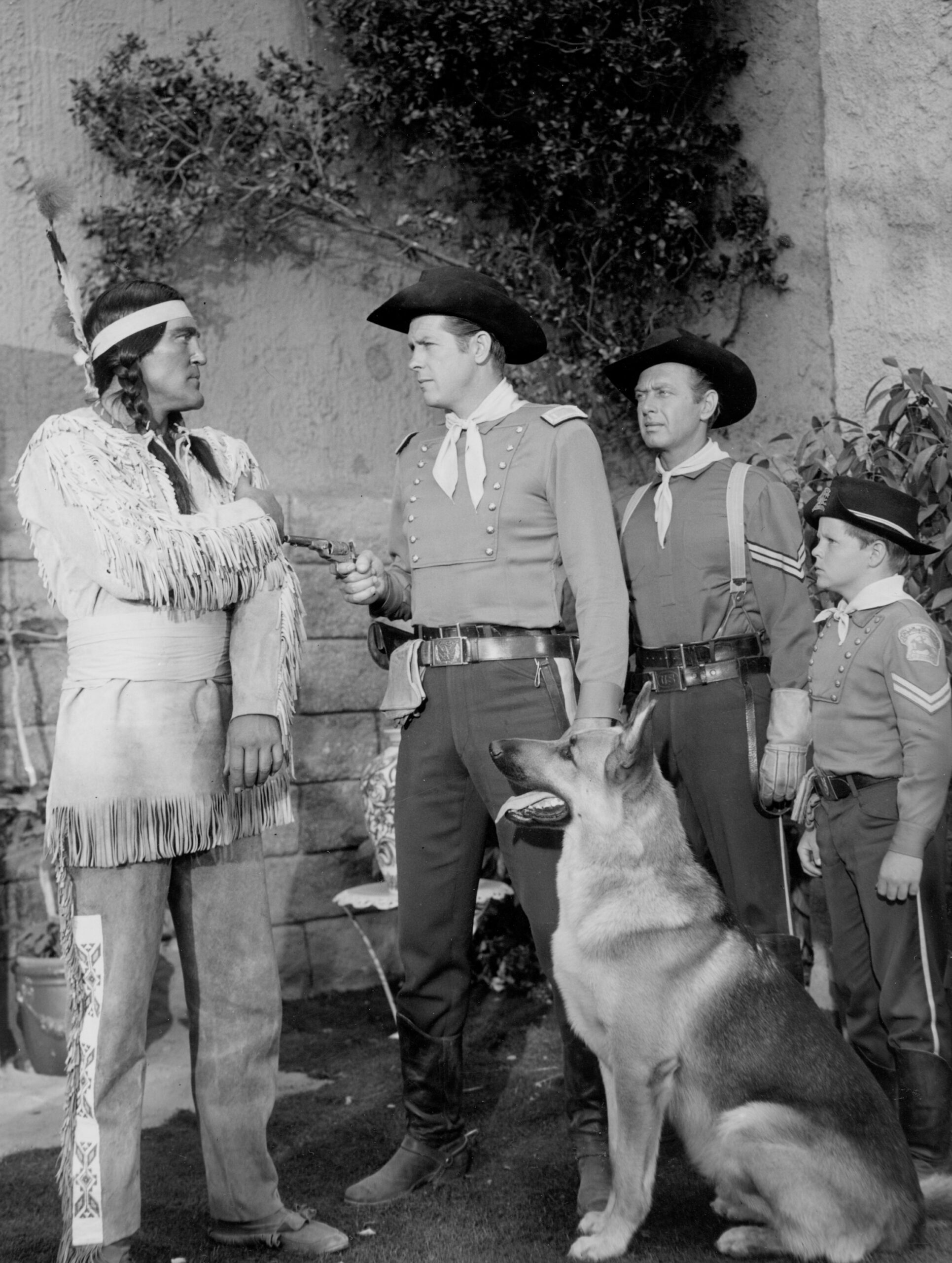 THE ADVENTURES OF RIN TIN TIN, from left: Lane Bradford, James Brown, Rand Brooks, Lee Aaker, 1954-59.