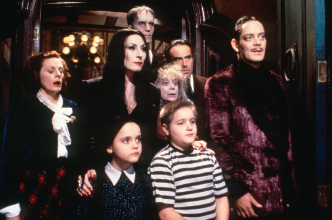 THE ADDAMS FAMILY, clockwise from right: Raul Julia, Jimmy Workman, Christina Ricci, Dana Ivey, Anjelica Huston, Carel Struycken, Judith Malina, Dan Hedaya, 1991