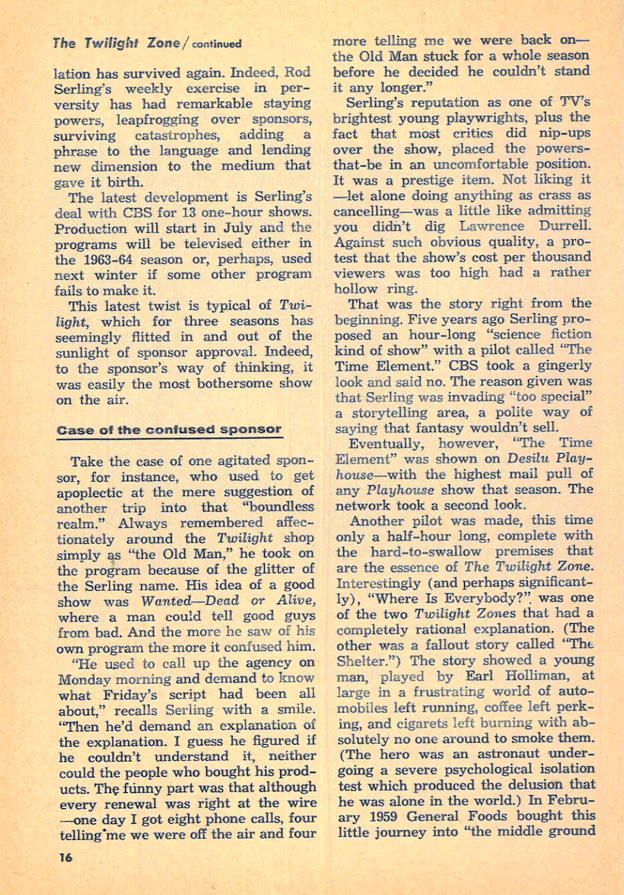 June 30, 1962 TV Guide article about Twilight Zone