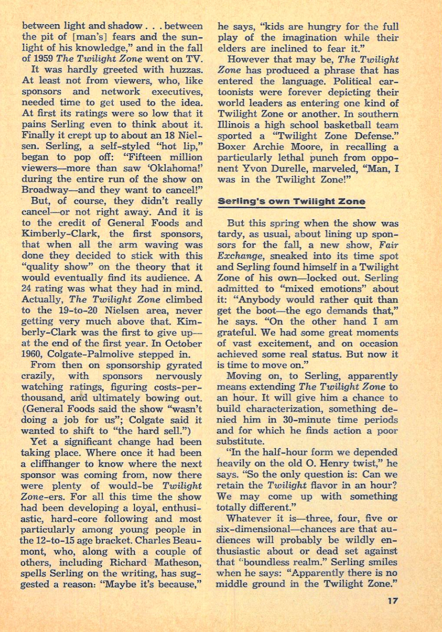 June 30, 1962 TV Guide article about Twilight Zone