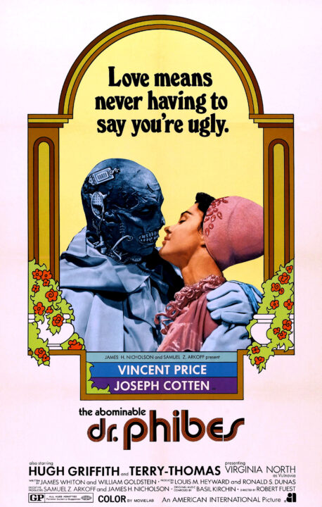 THE ABOMINABLE DR. PHIBES, from left: Vincent Price, Virginia North; 1-sheet poster art, 1971.