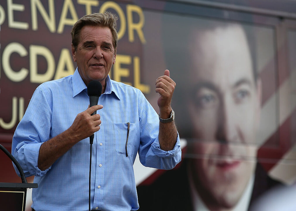 Game show host Chuck Woolery speaks in support of Republican candidate for U.S. Senate, Mississippi State Sen. Chris McDaniel during a Tea Party Express campaign event at outside of a Hobby Lobby store on June 22, 2014 in Biloxi, Mississippi. Tea Party-backed Republican candidate for U.S. Senate Chris McDaniel, a Mississippi state senator, is locked in a tight runoff race with incumbent U.S. Sen Thad Cochran (R-MS) who failed to win the nomination in the primary election