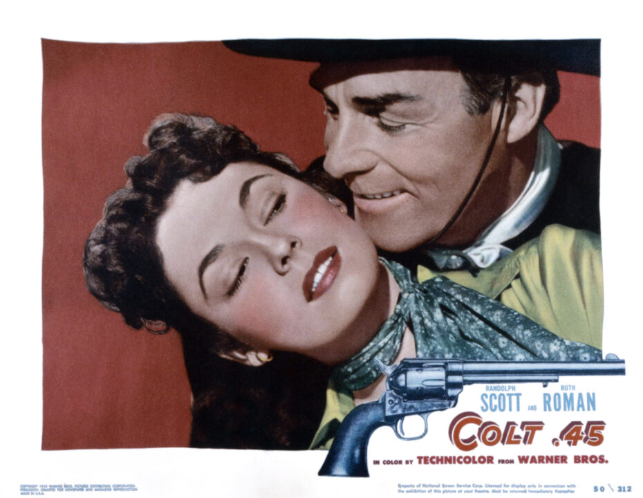 COLT .45, US lobbycard, from left: Ruth Roman, Randolph Scott, 1950