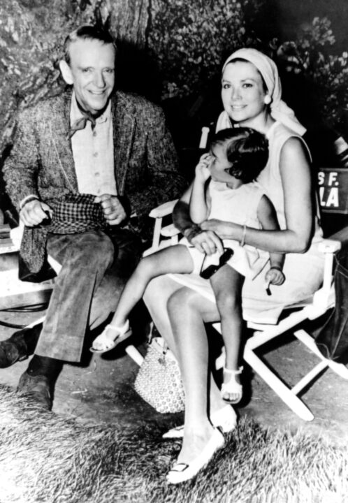 FINIAN'S RAINBOW, Fred Astaire, visited on-set by Grace Kelly (holding Princess Stephanie), August 14, 1967