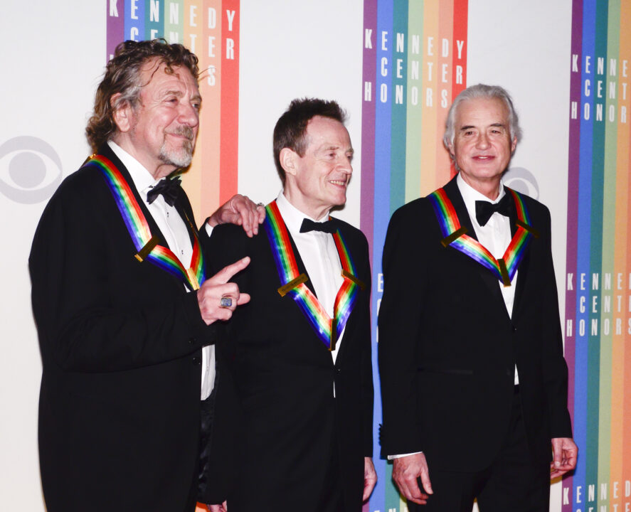 WASHINGTON, DC - DECEMBER 02: John Paul Jones, Jimmy Page and Robert Plant pose for photographers during the 35th Kennedy Center Honors at the Kennedy Center Hall of States on December 2, 2012 in Washington, DC.