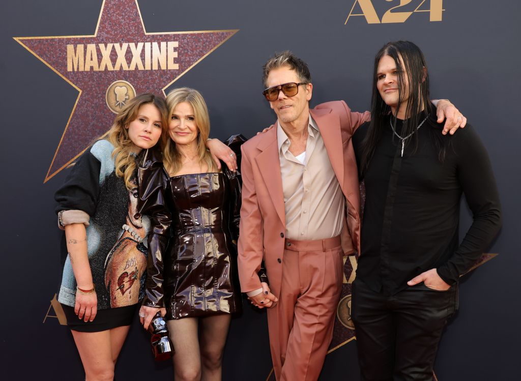 Sosie Bacon, Kyra Sedgwick, Kevin Bacon and Travis Bacon attend the World Premiere of A24's "MAXXXINE" at TCL Chinese Theatre on June 24, 2024 in Hollywood, California