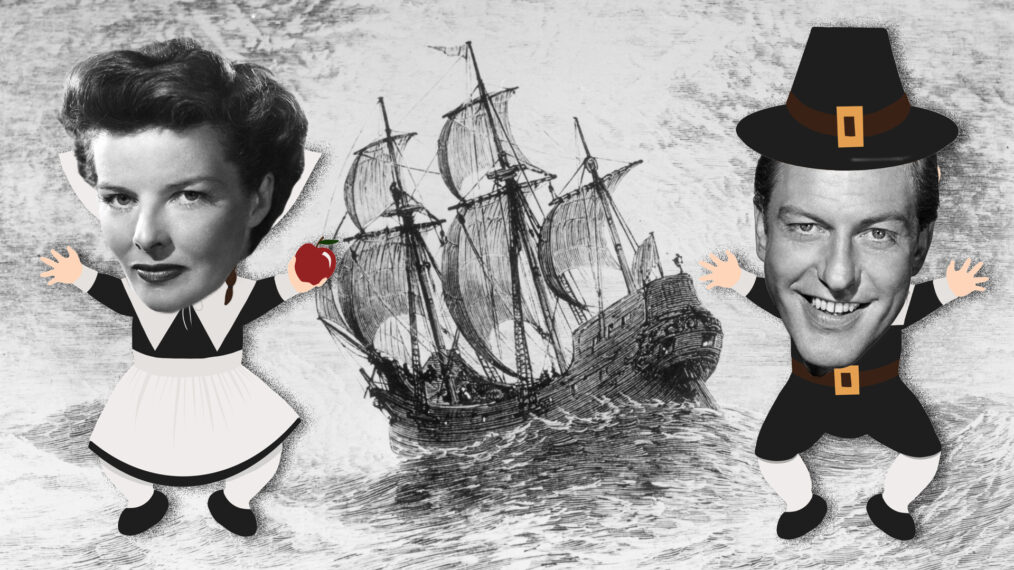 Mayflower pilgrim collage with faces of Katharin Hepburn and Dick Van Dyke