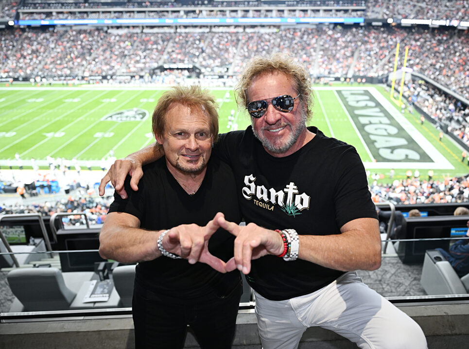 LAS VEGAS, NEVADA - NOVEMBER 24: Michael Anthony and Sammy Hagar pose for a photo at Allegiant Stadium on November 24, 2024 in Las Vegas, Nevada.