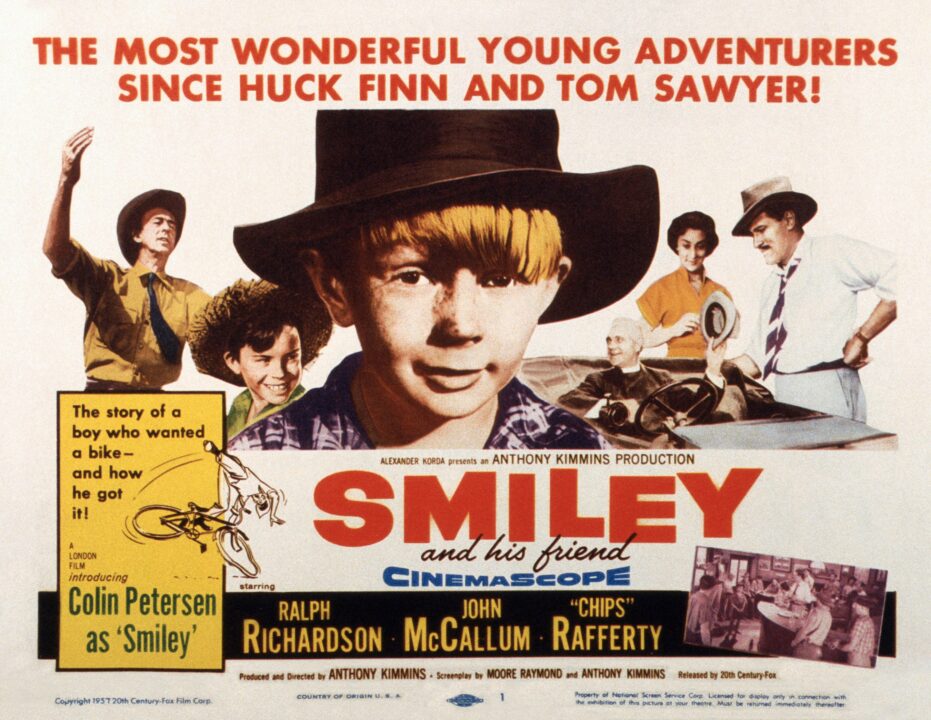 Smiley, poster, US lobbycard, from left: Chips Rafferty, Bruce Archer, Colin Petersen, Ralph Richardson, Jocelyn Hernfield, John McCallum, 1956.