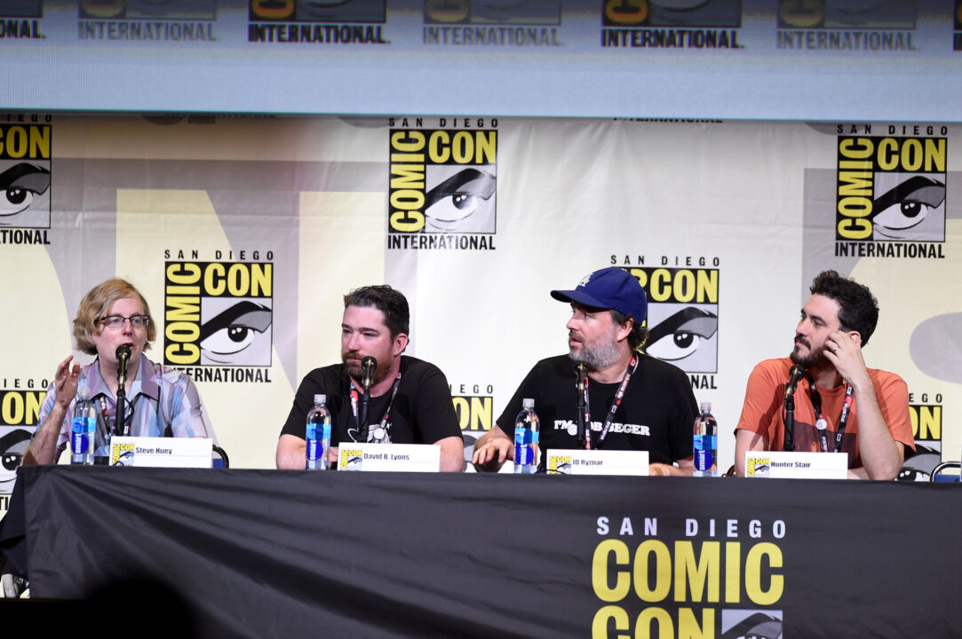 SAN DIEGO, CA - JULY 21: (L-R) Steve Huey, David Lyons, J.D. Ryznar, and Hunter Stair attend Feral Audio Live with Dan Harmon and his podcast pals at San Diego Convention Center on July 21, 2016 in San Diego, California.