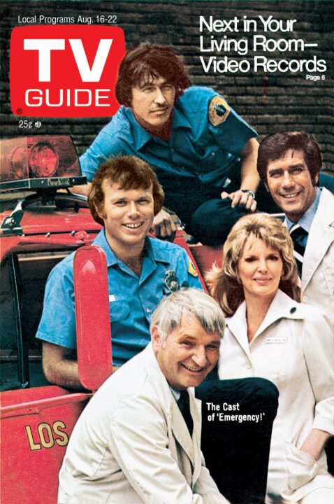 EMERGENCY!, clockwise from top: Randolph Mantooth, Robert Fuller, Julie London, Bobby Troup, Kevin Tighe, TV GUIDE cover, August 16-22, 1975.