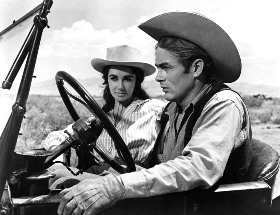 GIANT, from left: Elizabeth Taylor, James Dean, 1956.