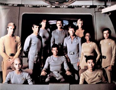 STAR TREK: THE MOTION PICTURE, from left, Stephen Collins, Persis Khambatta, Leonard Nimoy, Majel Barrett, William Shatner, James Doohan,DeForest Kelley, Grace Lee Whitney, Nichelle Nichols, George Takei, Walter Koenig, 1979