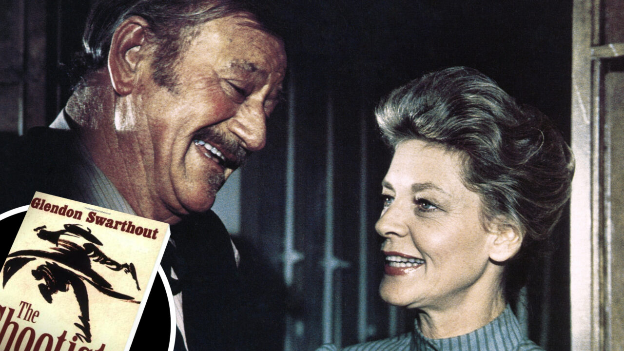 THE SHOOTIST, John Wayne, Lauren Bacall, 1976 inset book cover