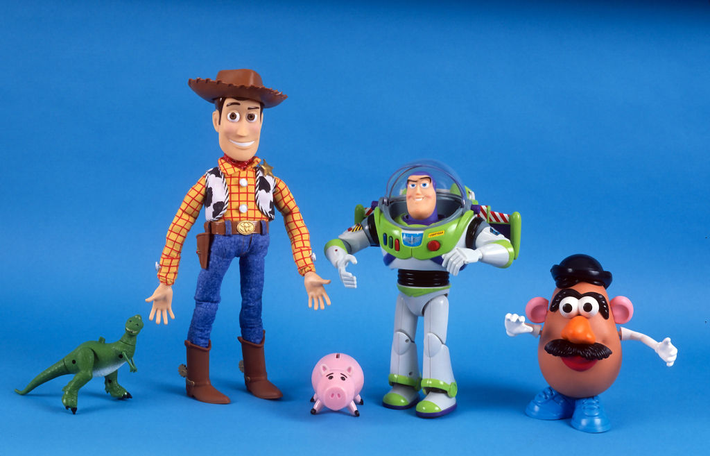 (left to right: Tyrannosaurus Rex; Woody; Hamm, the pig; Buzz Lightyear; and Mr. Potato Head) Toys from the movie 'Toy Story,' are photographed November 15, 1995 in New York City