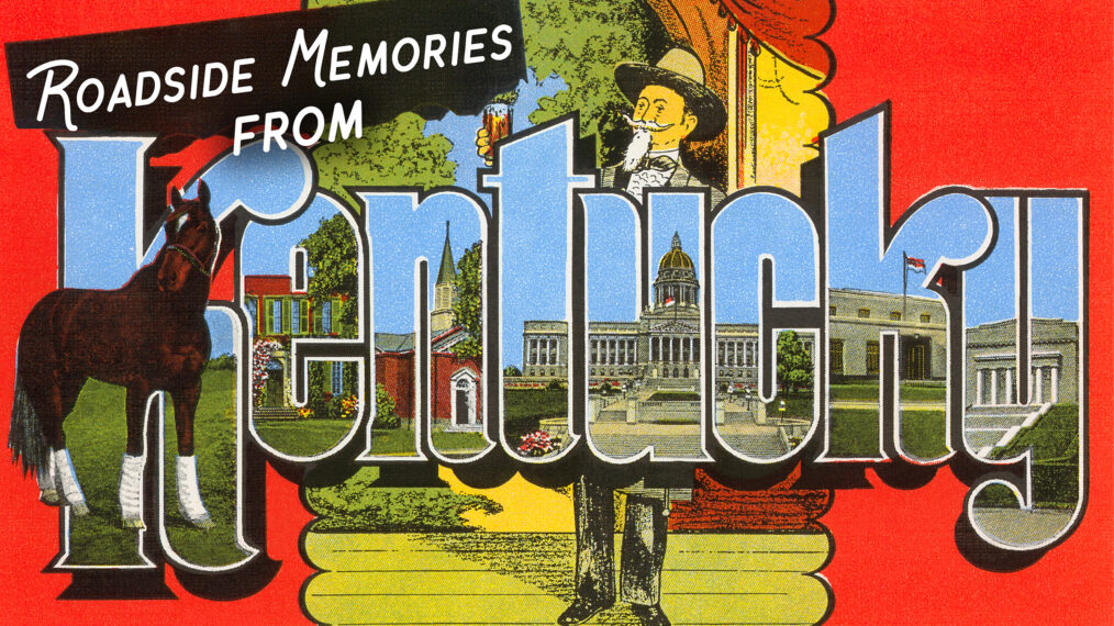 Vintage illustration of Greetings from Kentucky large letter vintage postcard, 1950s.