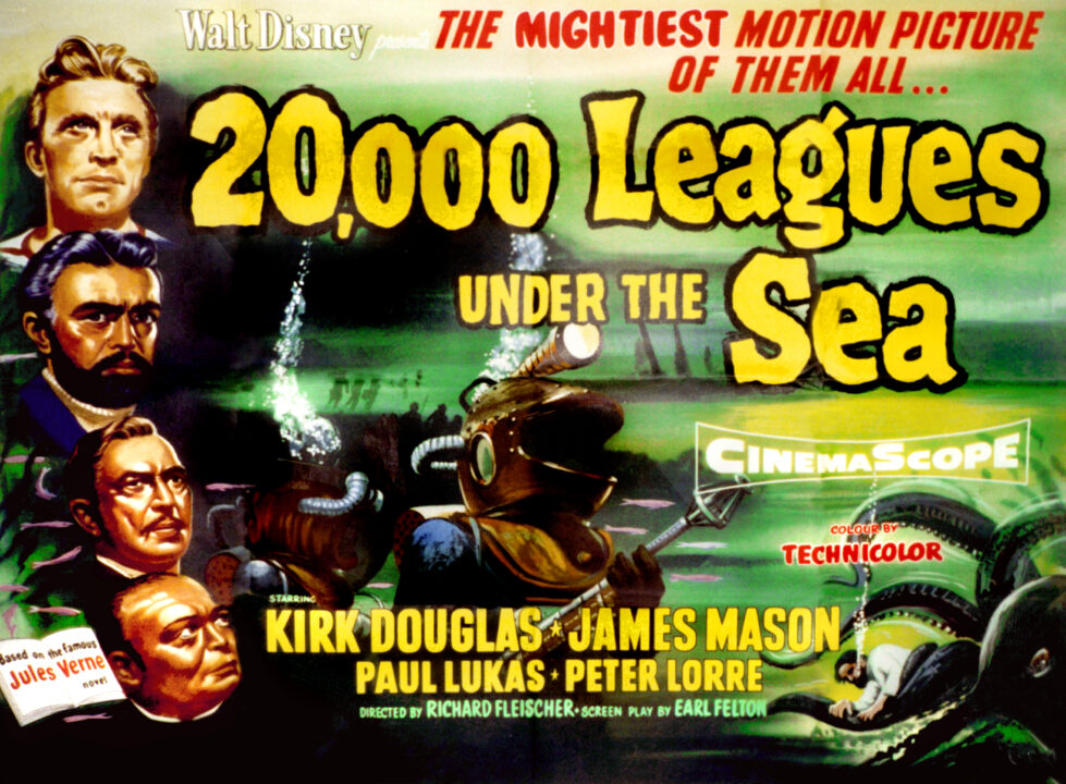 20,000 LEAGUES UNDER THE SEA, from top: Kirk Douglas, James Mason, Paul Lukas, Peter Lorre, 1955.