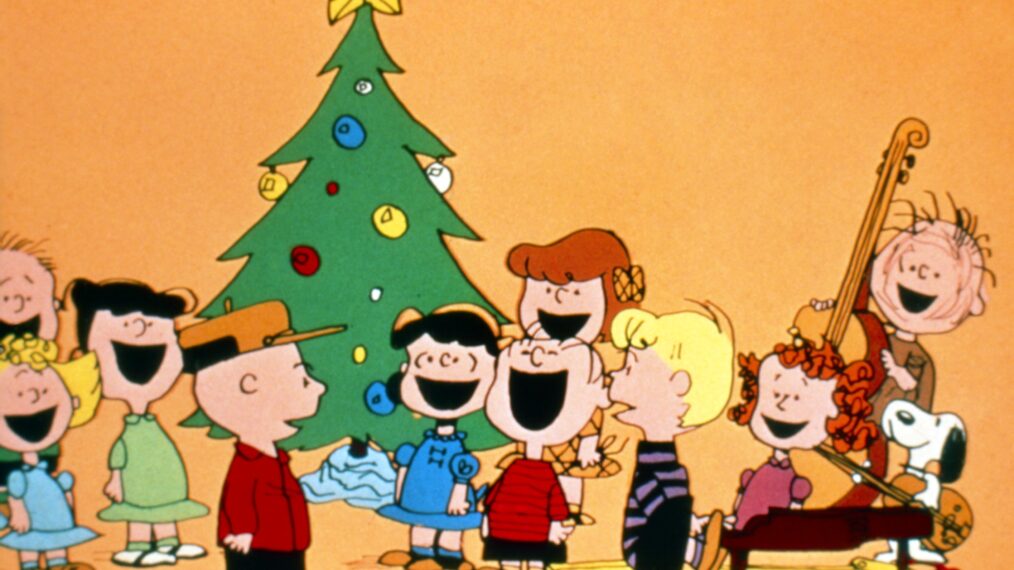 A CHARLIE BROWN CHRISTMAS, from left: Shermy, Sally Brown (front), Violet Gray, Charlie Brown, Lucy van Pelt, Linus van Pelt, Peppermint Patty, Schroeder, Frieda, Pig-Pen, Snoopy, aired: 12/9/1965