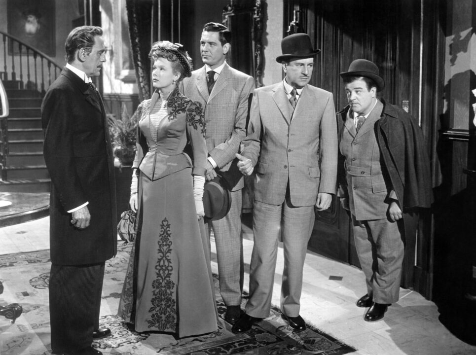 ABBOTT AND COSTELLO MEET DR. JEKYLL AND MR. HYDE, from left: Boris Karloff, Helen Westcott, Craig Stevens, Bud Abbott, Lou Costello, 1953
