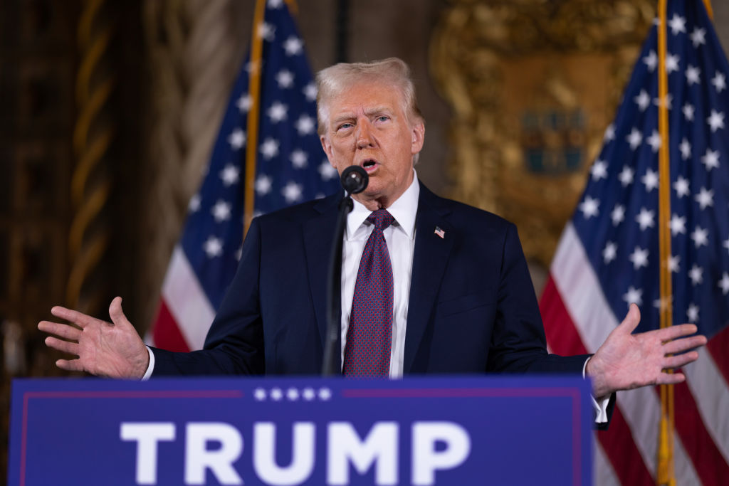 U.S. President-elect Donald Trump speaks to members of the media during a press conference at the Mar-a-Lago Club on January 07, 2025 in Palm Beach, Florida. Trump will be sworn in as the 47th president of the United States on January 20, making him the only president other than Grover Cleveland to serve two non-consecutive terms in office