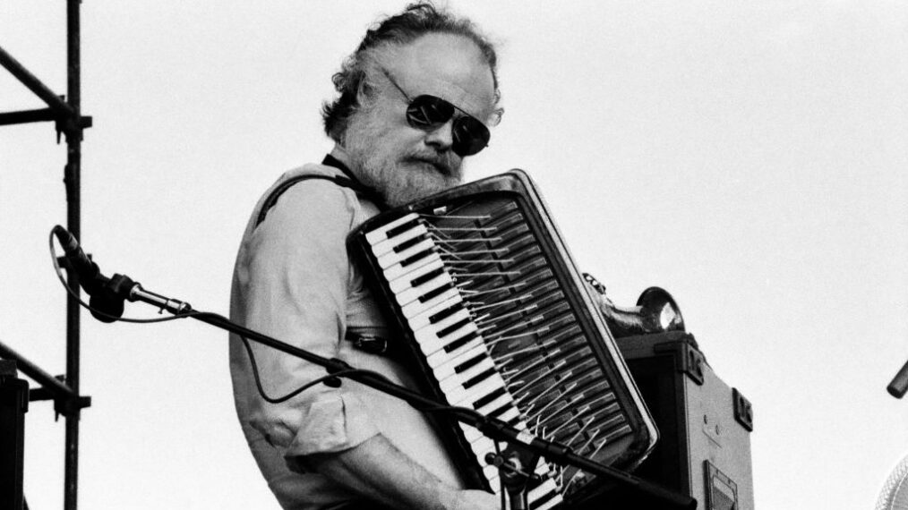 Canadian Rock musician Garth Hudson, of the group the Band, plays accordion as he performs onstage during the summer concert series at Arrowhead Ranch, Parksville, New York, August 4, 1991