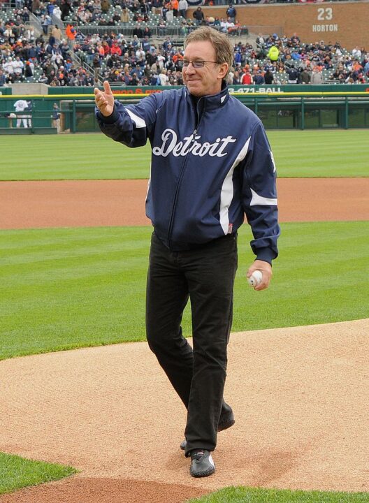 Detroit native and actor Tim Allen participates in the Opening Day ceremonies before the game between the Detroit Tigers and the Cleveland Indians at Comerica Park on April 9, 2010 in Detroit, Michigan. The Tigers defeated the Indians 5-2