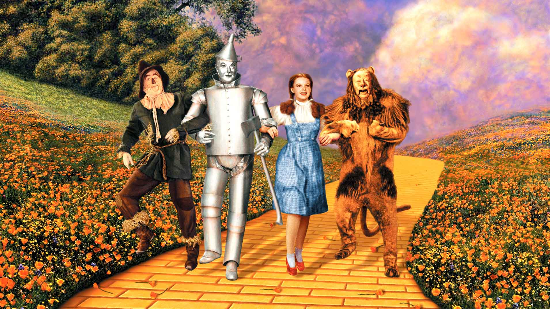 THE WIZARD OF OZ, key art, Ray Bolger, Jack Haley, Judy Garland, Bert Lahr, 1939, yellow brick road
