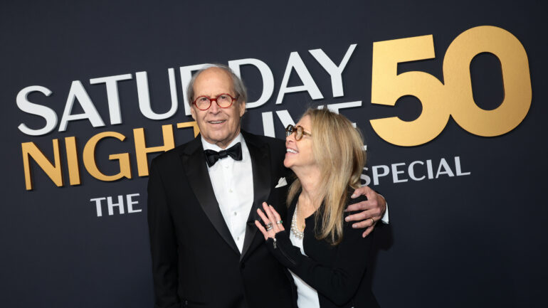 NEW YORK, NEW YORK - FEBRUARY 16: (L-R) Chevy Chase and Jayni Chase attend SNL50: The Anniversary Special on February 16, 2025 in New York City.