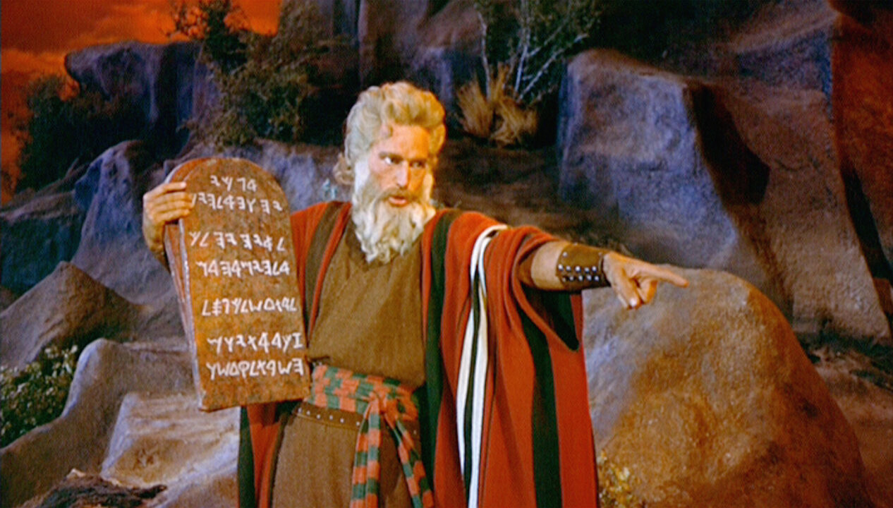 LOS ANGELES - OCTOBER 5: The epic movie "The Ten Commandments", directed by Cecil B. DeMille. Seen here, Charlton Heston as Moses holding the stone tablets of the Ten Commandments. Initial theatrical release October 5, 1956. Screen capture. Paramount Pictures. (Photo by CBS via Getty Images)