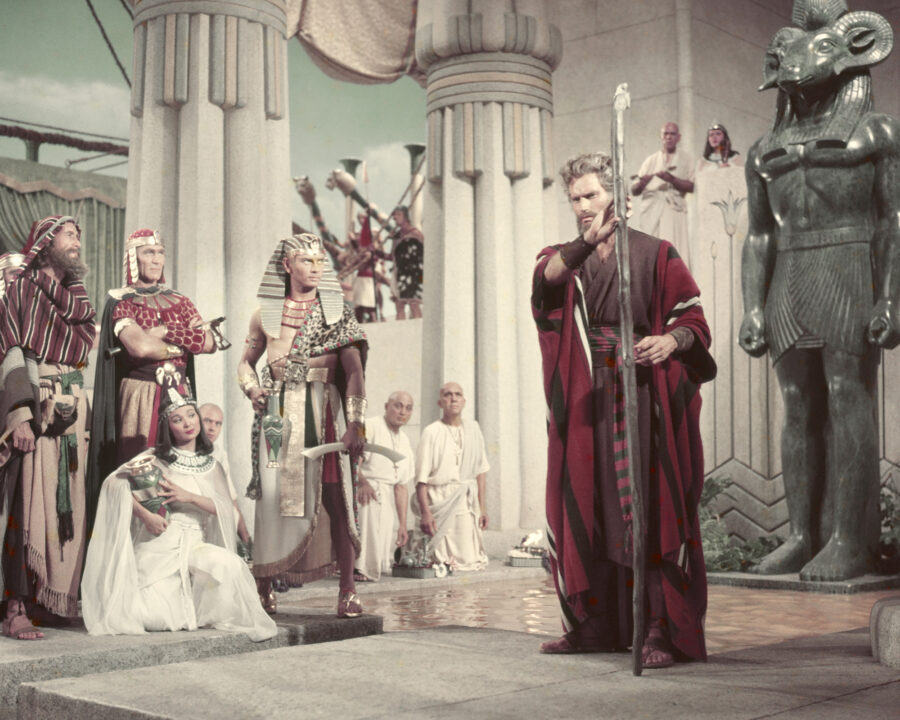 Actor Charlton Heston as Moses faces Yul Brynner as Pharaoh Rameses II in a scene from the 1956 biblical epic 'The Ten Commandments'