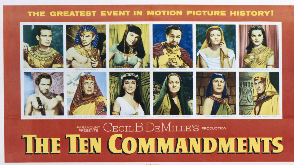 A poster for Cecil B. DeMille's 1956 adventure film 'The Ten Commandments' starring Charlton Heston, Yul Brynner, Anne Baxter, Edward G. Robinson, Yvonne De Carlo, Debra Paget, John Derek, Cedric Hardwicke, Nina Foch, Martha Scott, Judith Anderson, and Vincent Price.