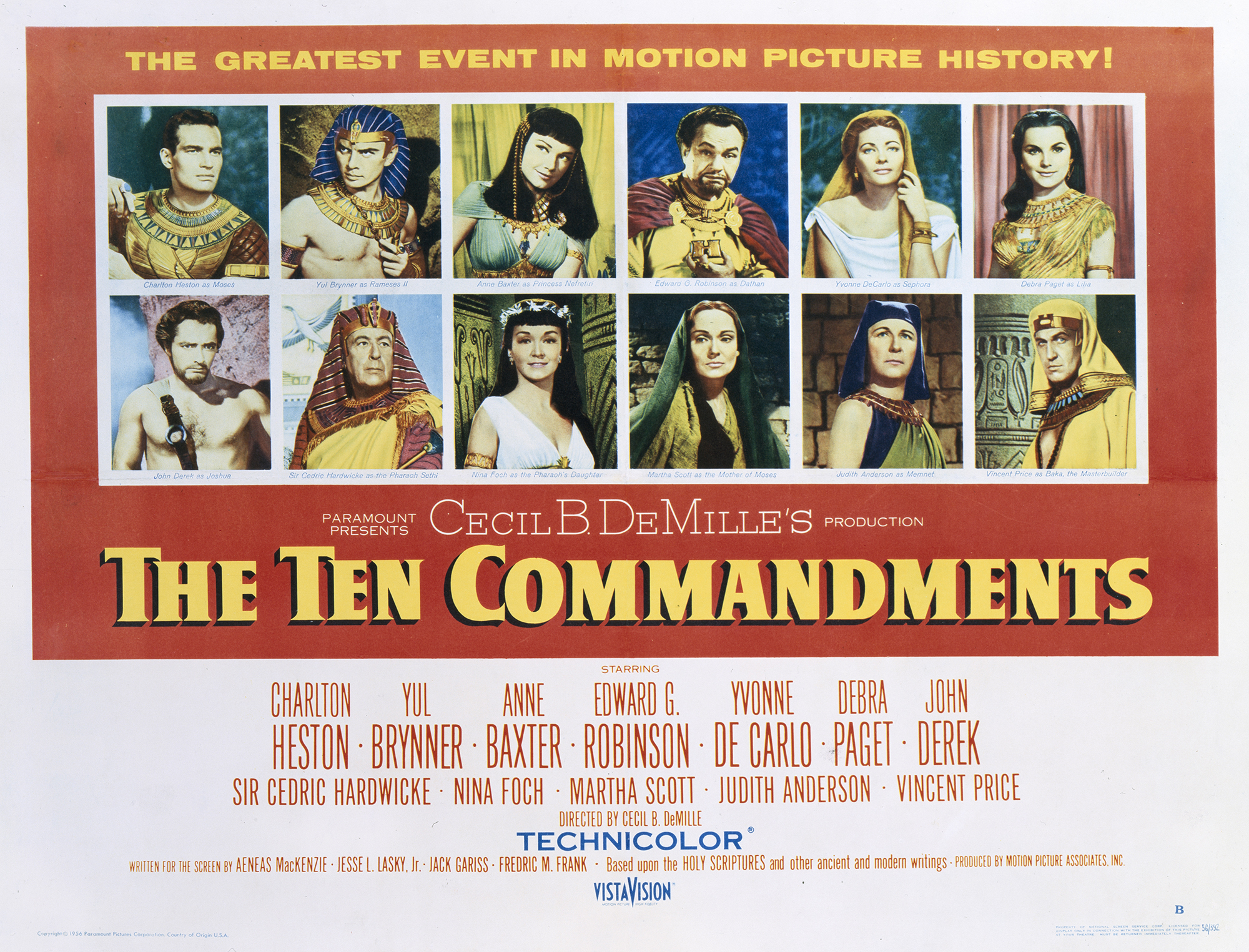 A poster for Cecil B. DeMille's 1956 adventure film 'The Ten Commandments' starring Charlton Heston, Yul Brynner, Anne Baxter, Edward G. Robinson, Yvonne De Carlo, Debra Paget, John Derek, Cedric Hardwicke, Nina Foch, Martha Scott, Judith Anderson, and Vincent Price.