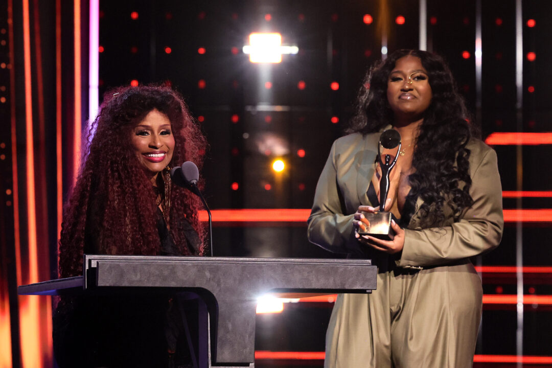 Chaka Khan accepts the Musical Excellence Award onstage from Jazmine Sullivan during the 38th Annual Rock & Roll Hall Of Fame Induction Ceremony at Barclays Center on November 03, 2023 in New York City.