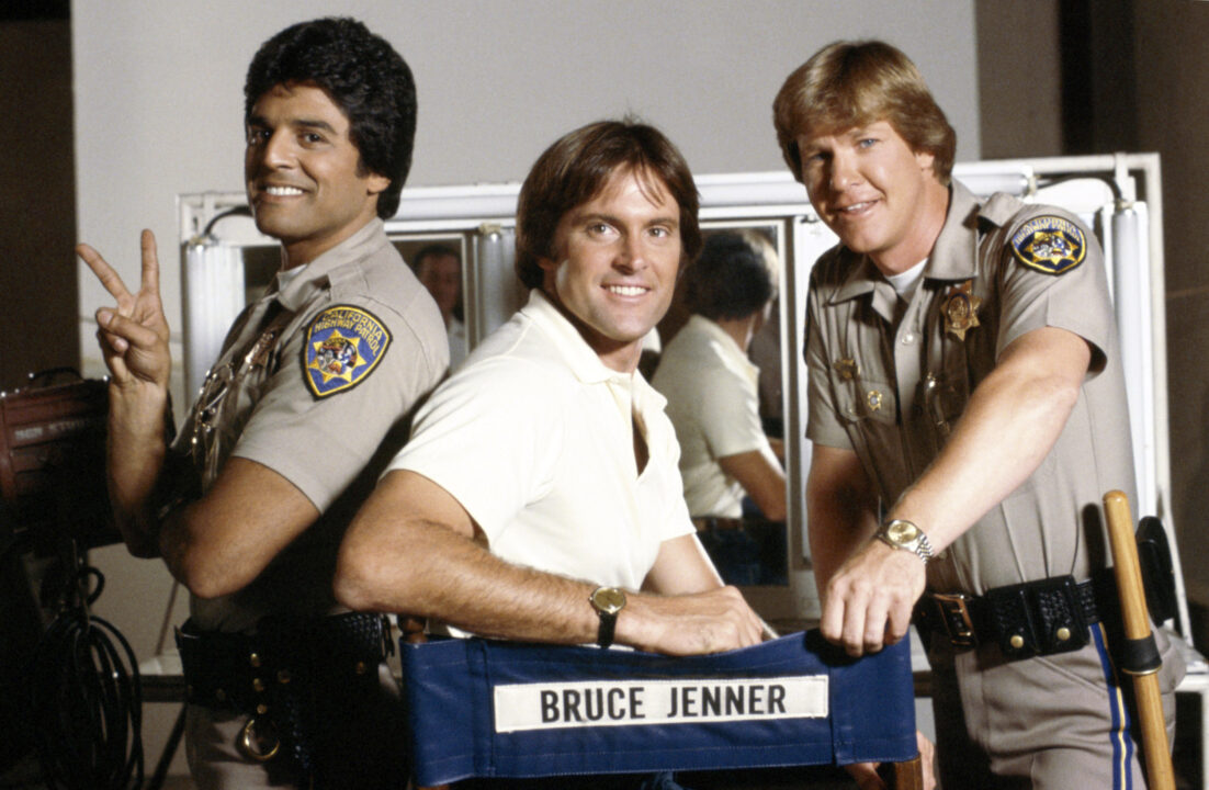 CHIPS, (from left): Erik Estrada, Bruce Jenner, Larry Wilcox on-set, (Season 5), 1977-83