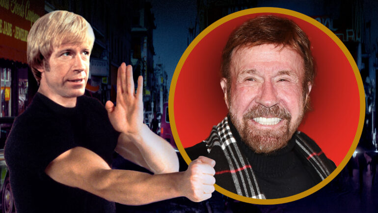 Chuck Norris in AN EYE FOR AN EYE and in 2019 composite image