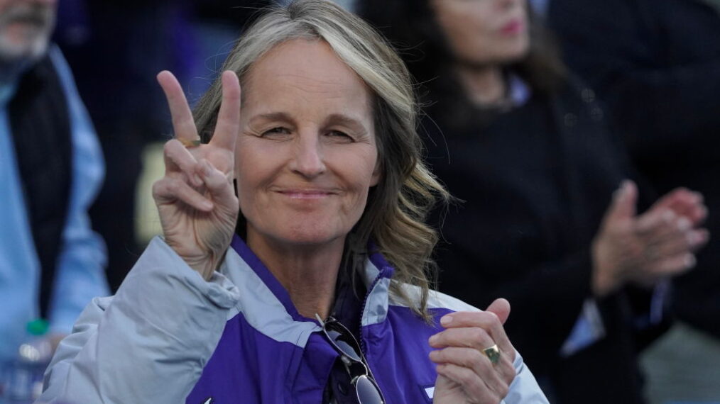 Helen Hunt seen at the MLB game between the Arizona Diamondbacks and the Los Angeles Dodgers at Dodger Stadium on May 20, 2024 in Los Angeles, California