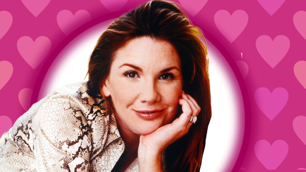 Melissa Gilbert with heart background graphic