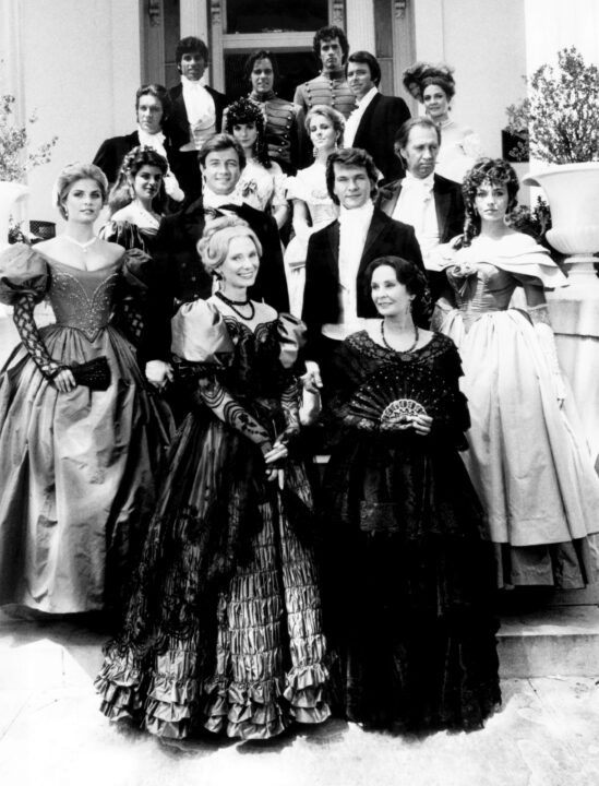 NORTH AND SOUTH, (top, l to r): William Ostrander, John Stockwell, Lewis Smith, Jonathan Frakes, Wendy Fulton, (l to r, beginning in front): Inga Swenson, Jean Simmons; Wendy Kilbourne, Kirstie Alley, James Read, Patrick Swayze, Lesley-Anne Down; Jim Metzler, Terri Garber, Genie Francis, David Carradine, 1985.