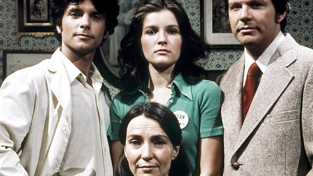 RYAN'S HOPE, standing from left: Malcolm Groome, Kate Mulgrew, Michael Hawkins, seated from left: Helen Gallagher, Bernard Barrow, 1975-89.