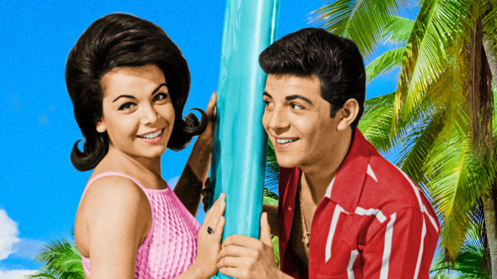 Annette Funicello and Frankie Avalon with surfboard collage