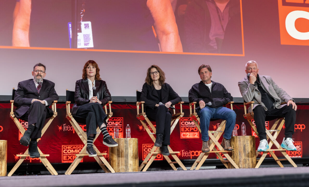 Actors Judd Nelson, Molly Ringwald, Ally Sheedy, Emilio Estèvez and Anthony Michael Hall during C2E2 on the main stage for the "Don’t You Forget About Me: The Breakfast Club 40th Anniversary Reunion" at McCormick Place on April 12, 2025 in Chicago, Illinois.