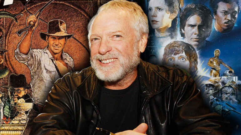 Drew Struzan poster artist with 2 of his posters in backgrond