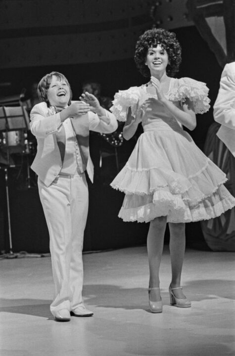 Singers Jimmy and Marie Osmond of American singing family The Osmonds perform a hoedown song during the Osmond Family UK TV special at Shepherd's Bush in London, UK, 17th August 1974